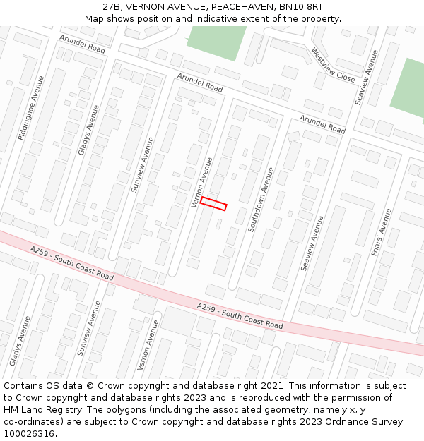 27B, VERNON AVENUE, PEACEHAVEN, BN10 8RT: Location map and indicative extent of plot