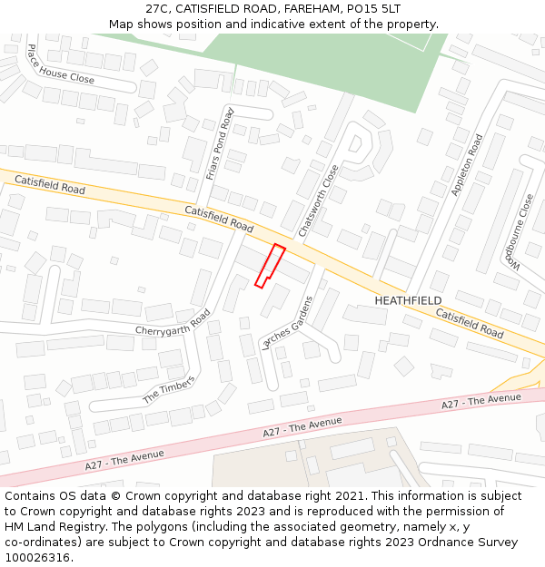 27C, CATISFIELD ROAD, FAREHAM, PO15 5LT: Location map and indicative extent of plot