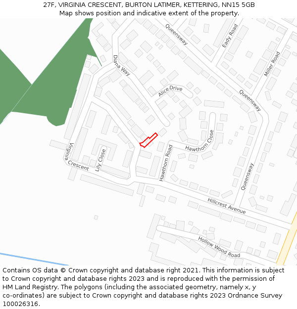 27F, VIRGINIA CRESCENT, BURTON LATIMER, KETTERING, NN15 5GB: Location map and indicative extent of plot