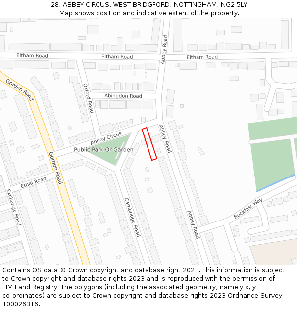 28, ABBEY CIRCUS, WEST BRIDGFORD, NOTTINGHAM, NG2 5LY: Location map and indicative extent of plot