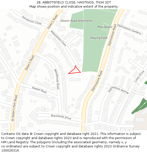 28, ABBOTSFIELD CLOSE, HASTINGS, TN34 2DT: Location map and indicative extent of plot