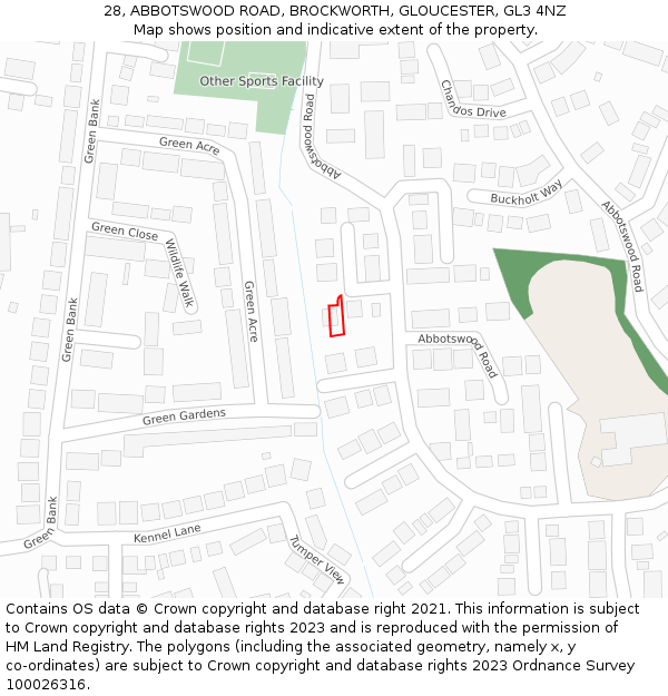 28, ABBOTSWOOD ROAD, BROCKWORTH, GLOUCESTER, GL3 4NZ: Location map and indicative extent of plot