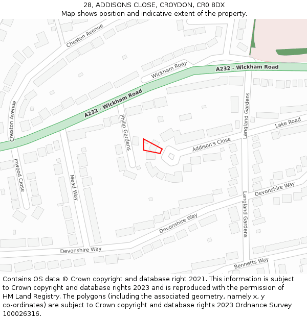 28, ADDISONS CLOSE, CROYDON, CR0 8DX: Location map and indicative extent of plot
