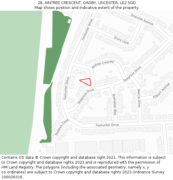 28, AINTREE CRESCENT, OADBY, LEICESTER, LE2 5GD: Location map and indicative extent of plot