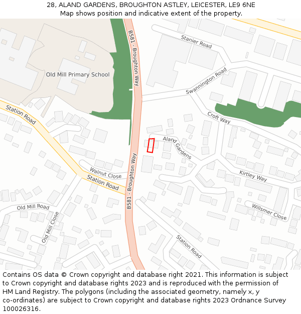 28, ALAND GARDENS, BROUGHTON ASTLEY, LEICESTER, LE9 6NE: Location map and indicative extent of plot