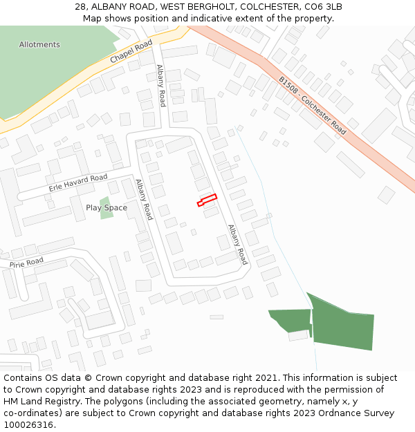 28, ALBANY ROAD, WEST BERGHOLT, COLCHESTER, CO6 3LB: Location map and indicative extent of plot