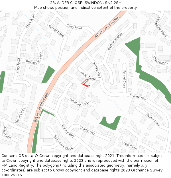 28, ALDER CLOSE, SWINDON, SN2 2SH: Location map and indicative extent of plot