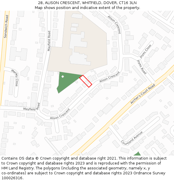 28, ALISON CRESCENT, WHITFIELD, DOVER, CT16 3LN: Location map and indicative extent of plot