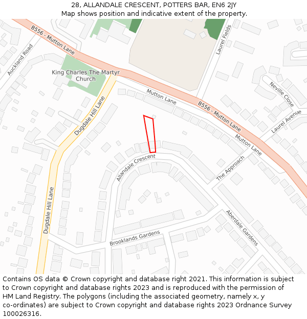 28, ALLANDALE CRESCENT, POTTERS BAR, EN6 2JY: Location map and indicative extent of plot