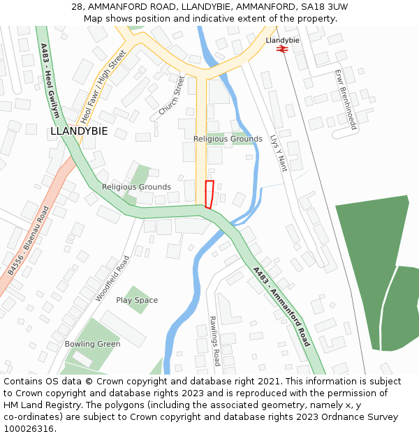 28, AMMANFORD ROAD, LLANDYBIE, AMMANFORD, SA18 3UW: Location map and indicative extent of plot