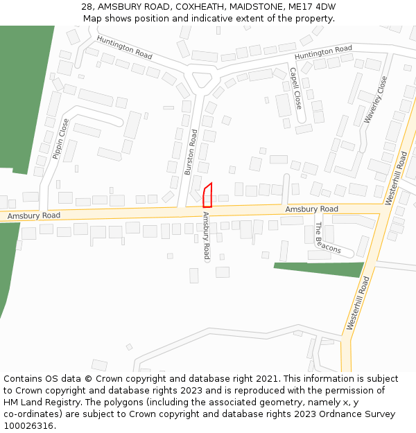 28, AMSBURY ROAD, COXHEATH, MAIDSTONE, ME17 4DW: Location map and indicative extent of plot