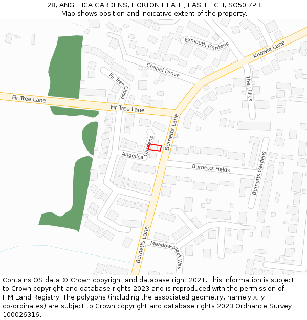 28, ANGELICA GARDENS, HORTON HEATH, EASTLEIGH, SO50 7PB: Location map and indicative extent of plot