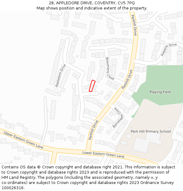 28, APPLEDORE DRIVE, COVENTRY, CV5 7PQ: Location map and indicative extent of plot