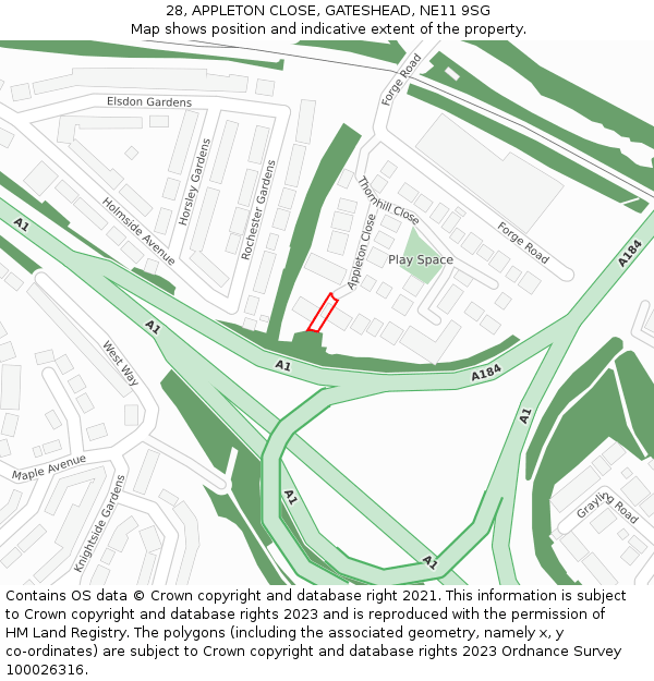 28, APPLETON CLOSE, GATESHEAD, NE11 9SG: Location map and indicative extent of plot