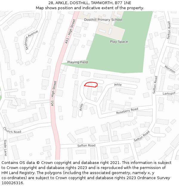 28, ARKLE, DOSTHILL, TAMWORTH, B77 1NE: Location map and indicative extent of plot