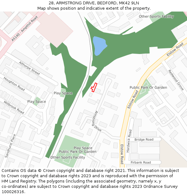 28, ARMSTRONG DRIVE, BEDFORD, MK42 9LN: Location map and indicative extent of plot