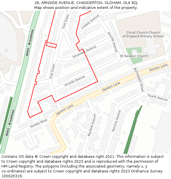 28, ARNSIDE AVENUE, CHADDERTON, OLDHAM, OL9 9DJ: Location map and indicative extent of plot