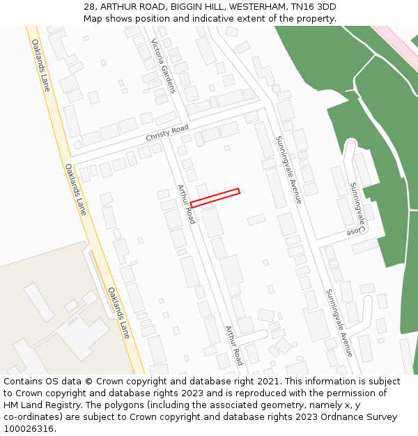 28, ARTHUR ROAD, BIGGIN HILL, WESTERHAM, TN16 3DD: Location map and indicative extent of plot