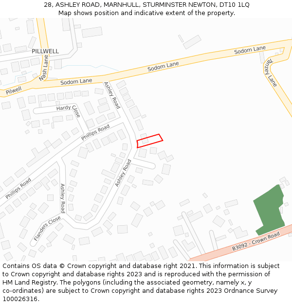 28, ASHLEY ROAD, MARNHULL, STURMINSTER NEWTON, DT10 1LQ: Location map and indicative extent of plot