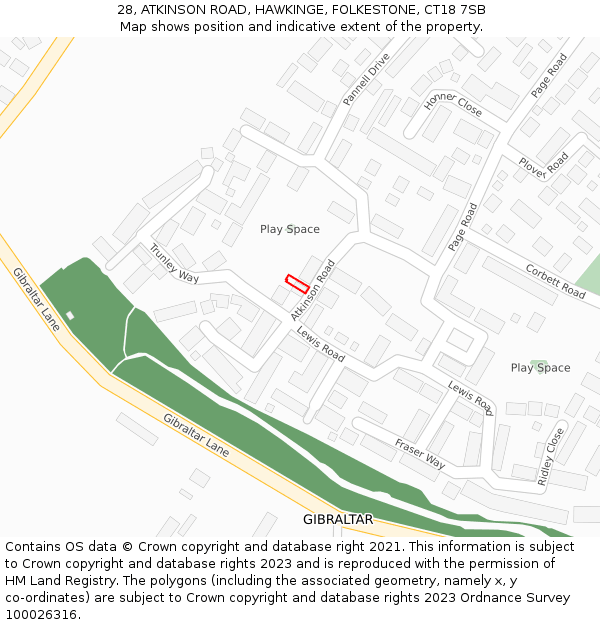 28, ATKINSON ROAD, HAWKINGE, FOLKESTONE, CT18 7SB: Location map and indicative extent of plot