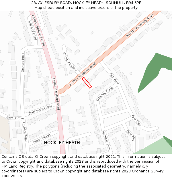 28, AYLESBURY ROAD, HOCKLEY HEATH, SOLIHULL, B94 6PB: Location map and indicative extent of plot