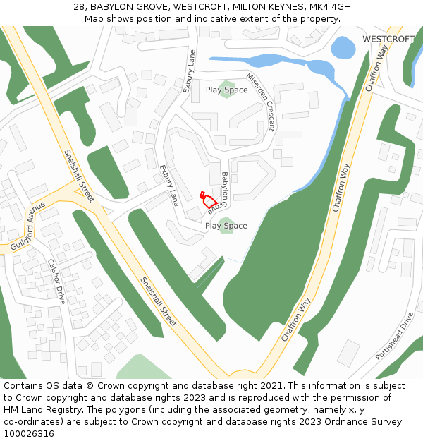 28, BABYLON GROVE, WESTCROFT, MILTON KEYNES, MK4 4GH: Location map and indicative extent of plot