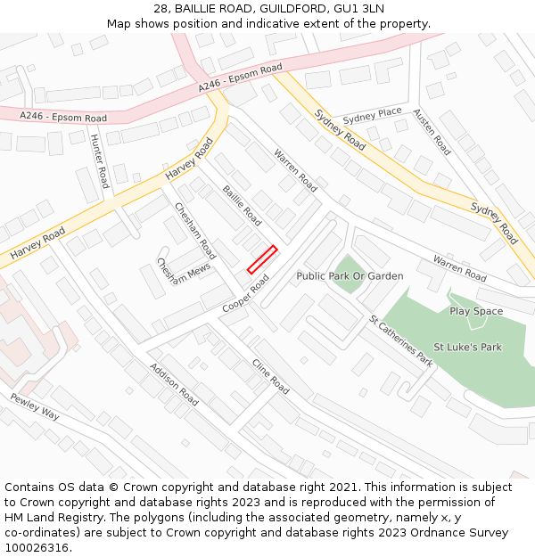 28, BAILLIE ROAD, GUILDFORD, GU1 3LN: Location map and indicative extent of plot