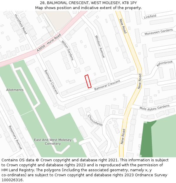28, BALMORAL CRESCENT, WEST MOLESEY, KT8 1PY: Location map and indicative extent of plot