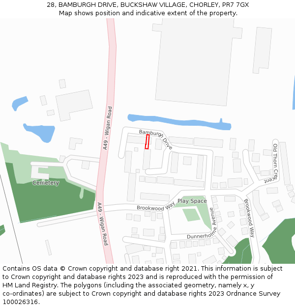 28, BAMBURGH DRIVE, BUCKSHAW VILLAGE, CHORLEY, PR7 7GX: Location map and indicative extent of plot