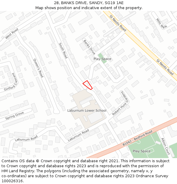 28, BANKS DRIVE, SANDY, SG19 1AE: Location map and indicative extent of plot