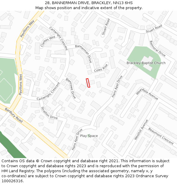 28, BANNERMAN DRIVE, BRACKLEY, NN13 6HS: Location map and indicative extent of plot