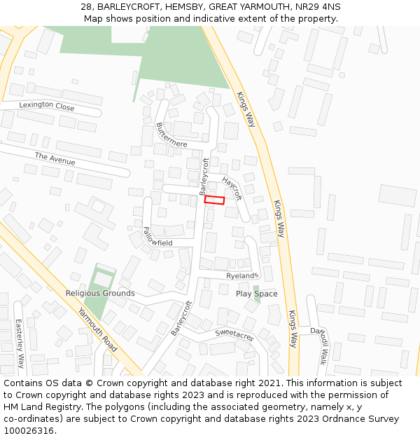 28, BARLEYCROFT, HEMSBY, GREAT YARMOUTH, NR29 4NS: Location map and indicative extent of plot