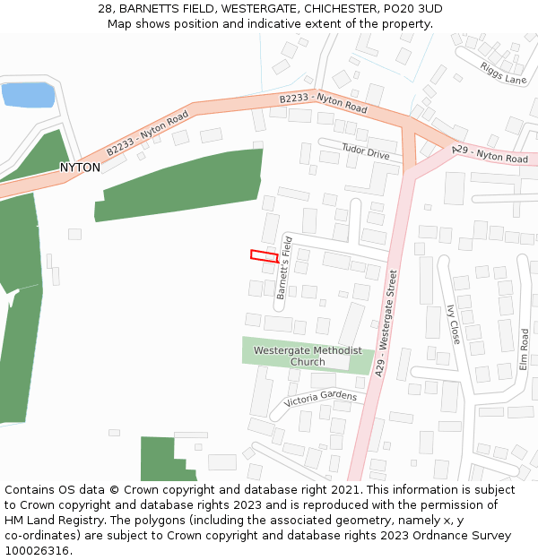 28, BARNETTS FIELD, WESTERGATE, CHICHESTER, PO20 3UD: Location map and indicative extent of plot