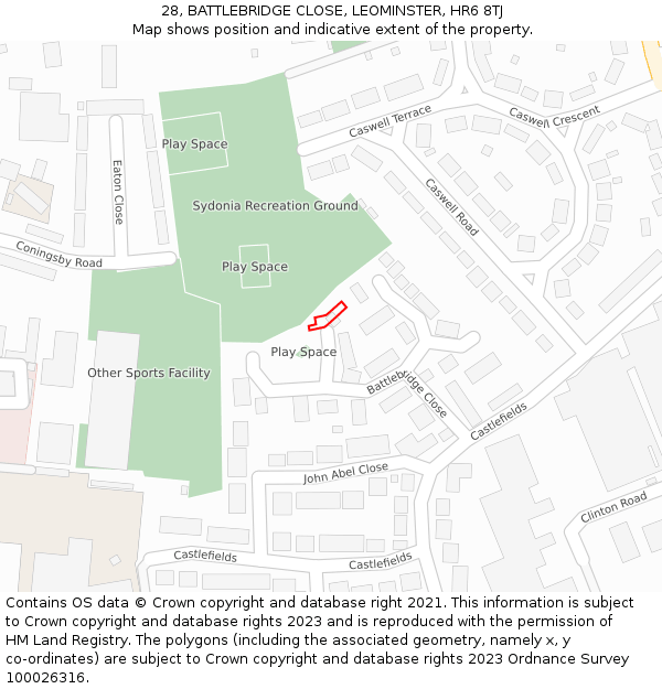 28, BATTLEBRIDGE CLOSE, LEOMINSTER, HR6 8TJ: Location map and indicative extent of plot