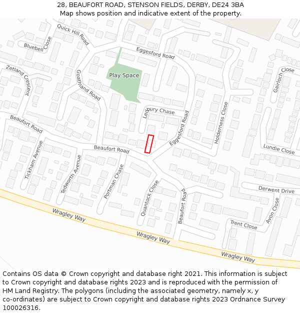 28, BEAUFORT ROAD, STENSON FIELDS, DERBY, DE24 3BA: Location map and indicative extent of plot