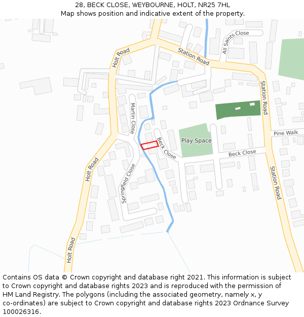 28, BECK CLOSE, WEYBOURNE, HOLT, NR25 7HL: Location map and indicative extent of plot