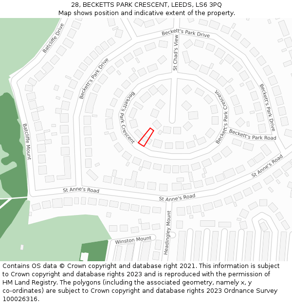 28, BECKETTS PARK CRESCENT, LEEDS, LS6 3PQ: Location map and indicative extent of plot