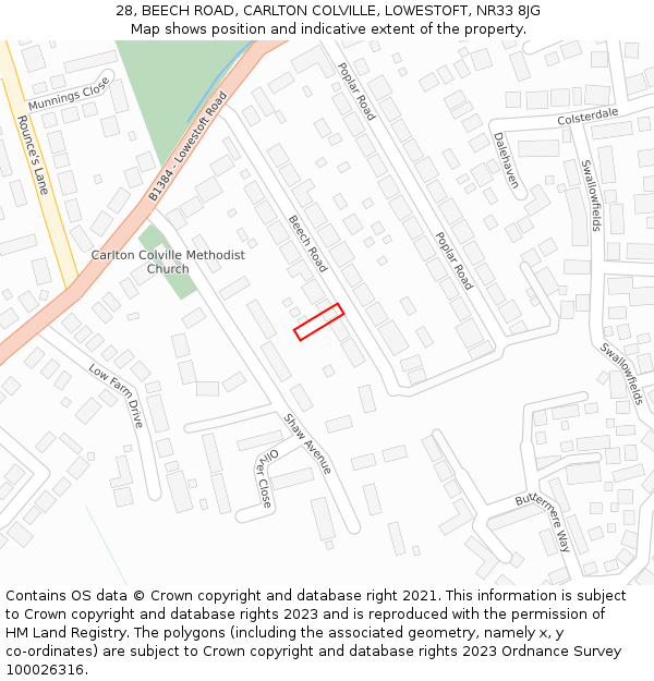 28, BEECH ROAD, CARLTON COLVILLE, LOWESTOFT, NR33 8JG: Location map and indicative extent of plot