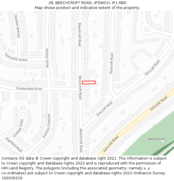 28, BEECHCROFT ROAD, IPSWICH, IP1 6BD: Location map and indicative extent of plot