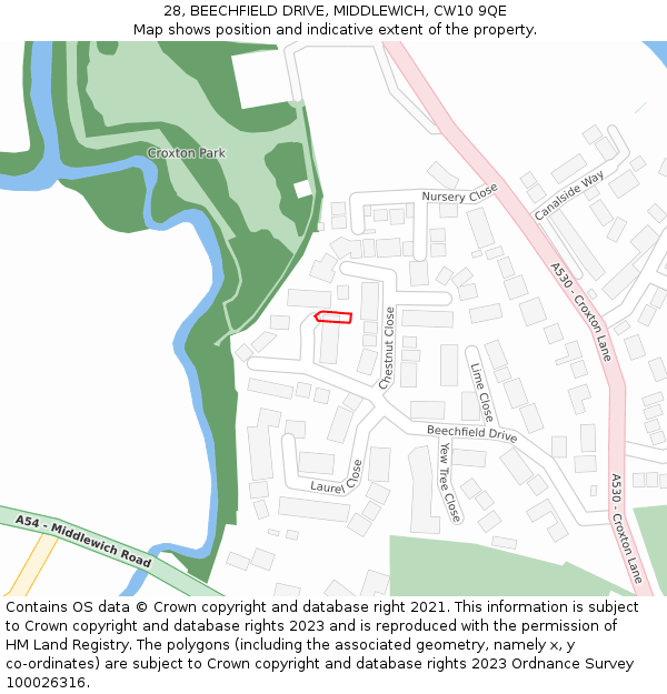 28, BEECHFIELD DRIVE, MIDDLEWICH, CW10 9QE: Location map and indicative extent of plot