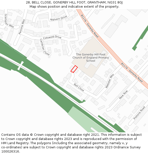 28, BELL CLOSE, GONERBY HILL FOOT, GRANTHAM, NG31 8GJ: Location map and indicative extent of plot