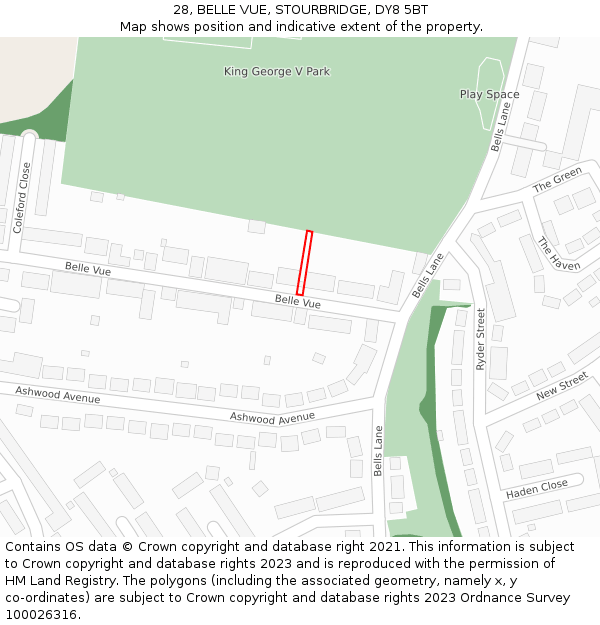 28, BELLE VUE, STOURBRIDGE, DY8 5BT: Location map and indicative extent of plot