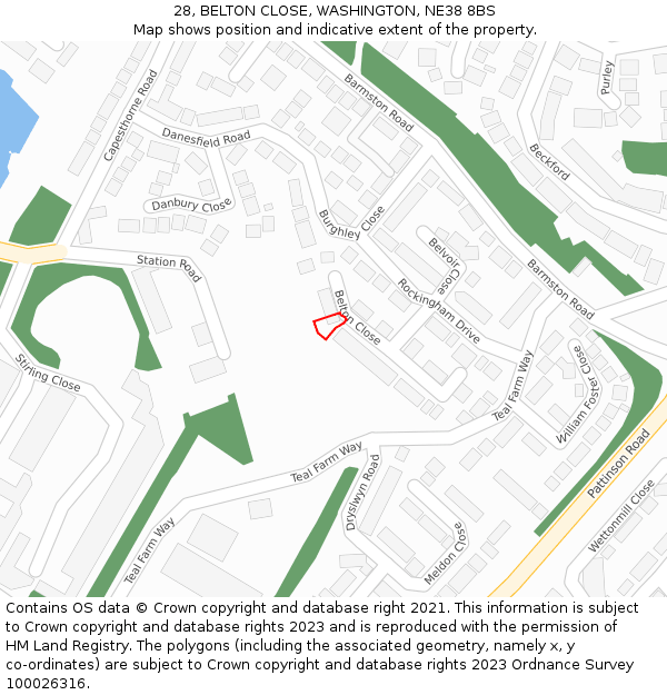 28, BELTON CLOSE, WASHINGTON, NE38 8BS: Location map and indicative extent of plot
