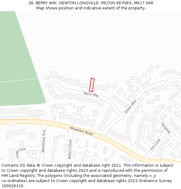 28, BERRY WAY, NEWTON LONGVILLE, MILTON KEYNES, MK17 0AR: Location map and indicative extent of plot