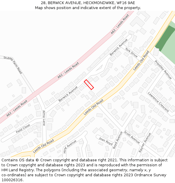 28, BERWICK AVENUE, HECKMONDWIKE, WF16 9AE: Location map and indicative extent of plot