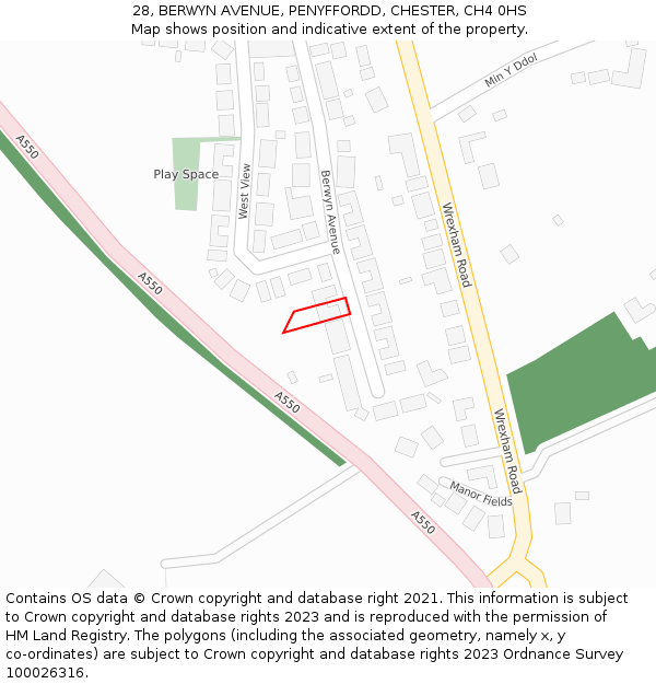 28, BERWYN AVENUE, PENYFFORDD, CHESTER, CH4 0HS: Location map and indicative extent of plot