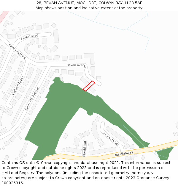 28, BEVAN AVENUE, MOCHDRE, COLWYN BAY, LL28 5AF: Location map and indicative extent of plot