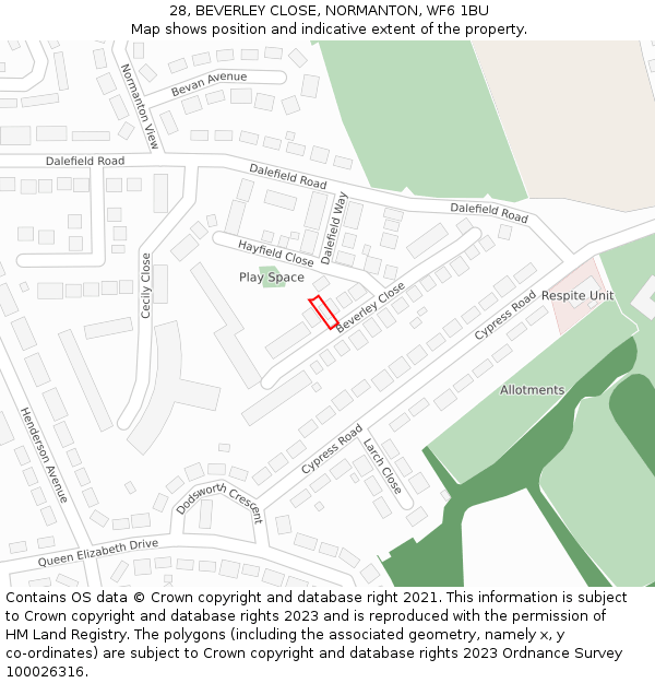 28, BEVERLEY CLOSE, NORMANTON, WF6 1BU: Location map and indicative extent of plot