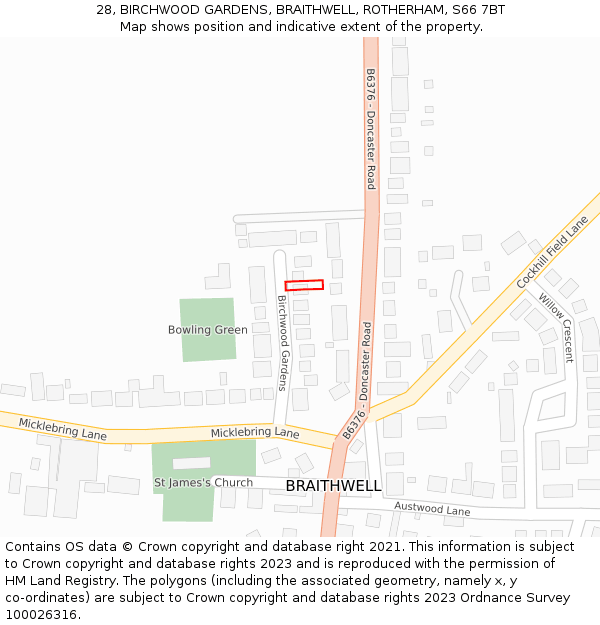 28, BIRCHWOOD GARDENS, BRAITHWELL, ROTHERHAM, S66 7BT: Location map and indicative extent of plot