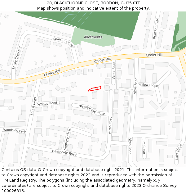 28, BLACKTHORNE CLOSE, BORDON, GU35 0TT: Location map and indicative extent of plot